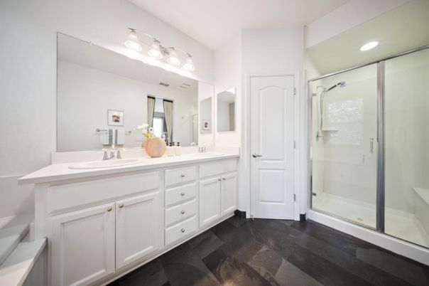 Bathroom, Dual Sink Vanities, Glass Shower, Interior, Recessed Lighting, Wood Texture Flooring