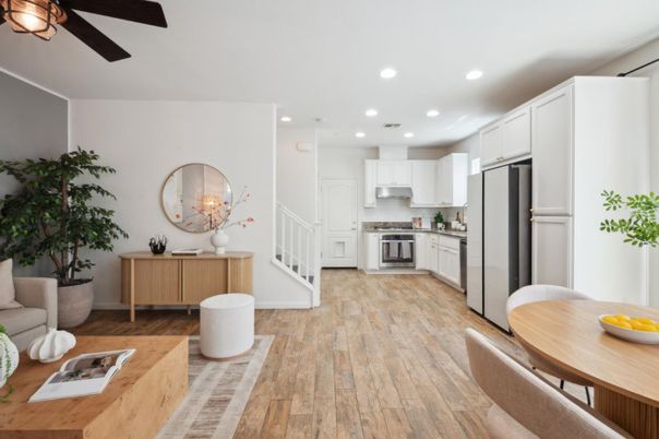 Dining room, Interior, Kitchen, Recessed Lighting, Stainless Steel Appliances, Wood Texture Flooring