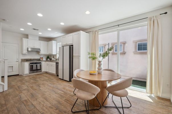 Dining room, Interior, Kitchen, Recessed Lighting, Stainless Steel Appliances, Wood Texture Flooring
