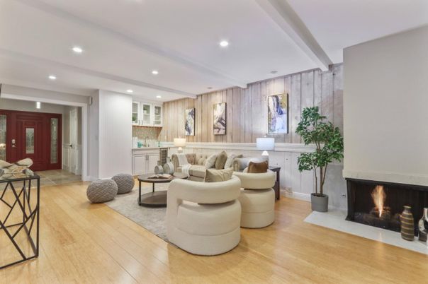 Fireplace, Interior, Living room, Recessed Lighting, Wood Texture Flooring