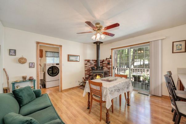 Dining room, Fireplace, Interior, Utility Closets, Washer, Wood Texture Flooring