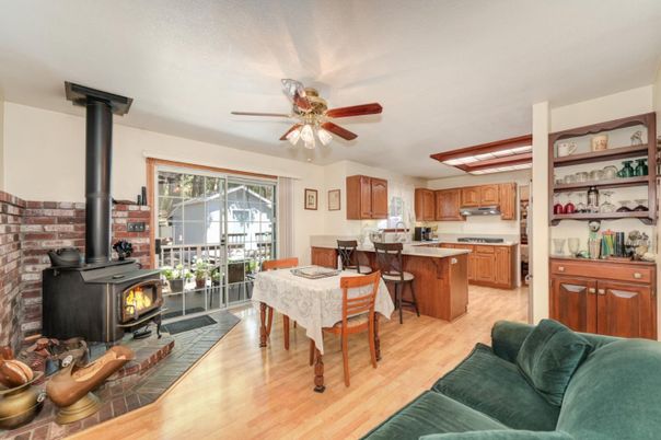 Dining room, Fireplace, Interior, Kitchen, Stone Walls, Wood Texture Flooring