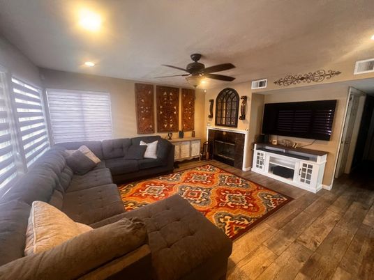 Fireplace, Interior, Living room, Recessed Lighting, Wood Texture Flooring