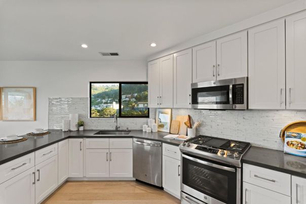 Interior, Kitchen, Recessed Lighting, Stainless Steel Appliances, Wood Texture Flooring