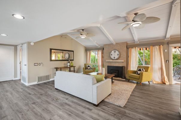 Fireplace, Interior, Living room, Recessed Lighting, Wood Texture Flooring