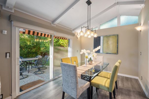 Dining room, Interior, Pendant Lights, Wood Texture Flooring