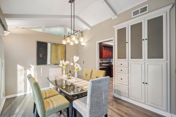 Dining room, Interior, Pendant Lights, Wood Texture Flooring