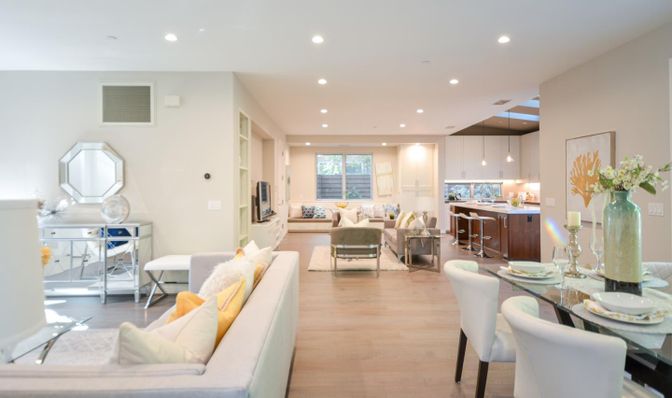 Dining room, Interior, Kitchen, Living room, Pendant Lights, Recessed Lighting, Wood Texture Flooring