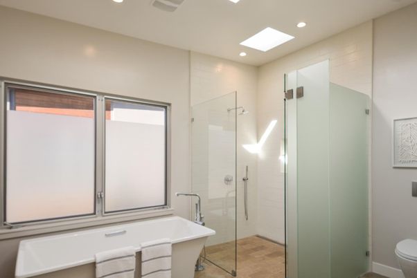 Bathroom, Free Standing Baths, Glass Shower, Interior, Recessed Lighting