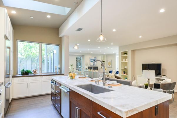 Interior, Kitchen, Living room, Pendant Lights, Recessed Lighting, Stainless Steel Appliances, Wood Texture Flooring