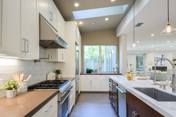 Interior, Kitchen, Pendant Lights, Recessed Lighting, Stainless Steel Appliances, Wood Texture Flooring