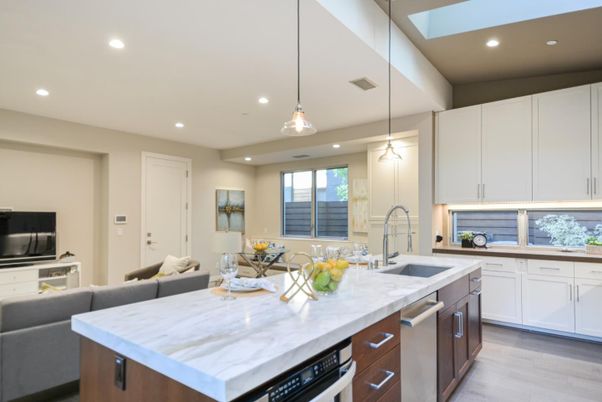 Interior, Kitchen, Living room, Pendant Lights, Recessed Lighting, Stainless Steel Appliances, Wood Texture Flooring