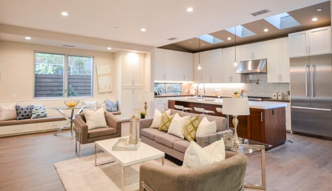 Interior, Kitchen, Living room, Pendant Lights, Recessed Lighting, Stainless Steel Appliances, Wood Texture Flooring