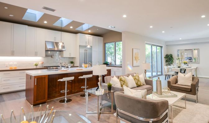 Interior, Kitchen, Living room, Pendant Lights, Recessed Lighting, Stainless Steel Appliances, Wood Texture Flooring