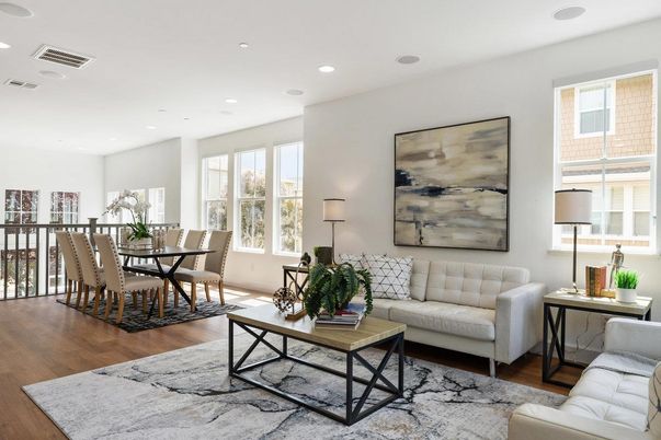 Dining room, Interior, Living room, Recessed Lighting, Wood Texture Flooring