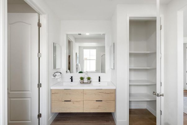 Bathroom, Dual Sink Vanities, Interior, Recessed Lighting, Walk-in Closets, Wood Texture Flooring