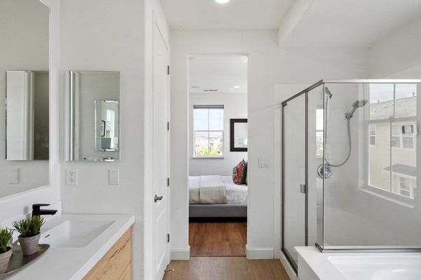 Bathroom, Bedroom, Glass Shower, Interior, Recessed Lighting, Wood Texture Flooring