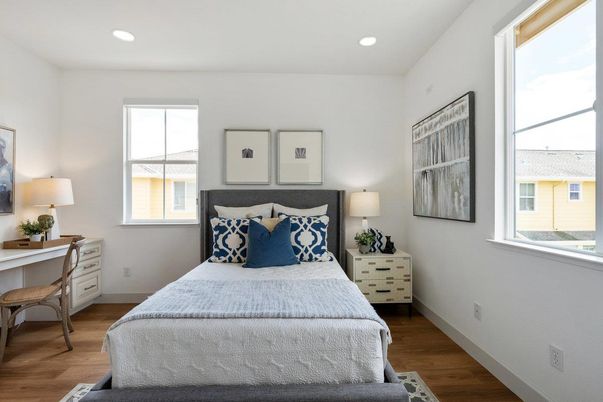Bedroom, Interior, Recessed Lighting, Wood Texture Flooring