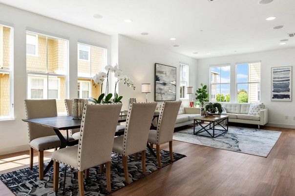 Dining room, Interior, Living room, Recessed Lighting, Wood Texture Flooring