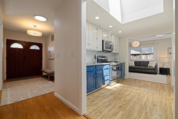 Interior, Kitchen, Living room, Recessed Lighting, Stainless Steel Appliances, Wood Texture Flooring
