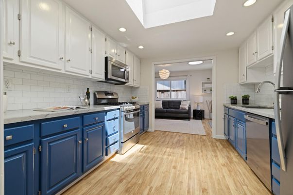Interior, Kitchen, Living room, Recessed Lighting, Stainless Steel Appliances, Wood Texture Flooring