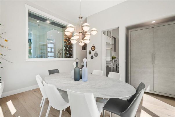 Dining room, Interior, Pendant Lights, Recessed Lighting, Wood Texture Flooring
