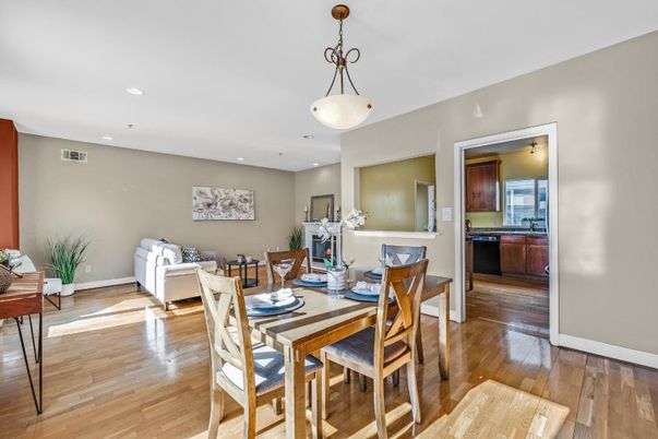Dining room, Interior, Living room, Pendant Lights, Recessed Lighting, Wood Texture Flooring