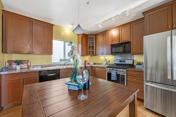 Interior, Kitchen, Pendant Lights, Stainless Steel Appliances, Wood Texture Flooring