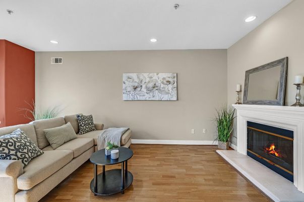 Fireplace, Interior, Living room, Recessed Lighting, Wood Texture Flooring