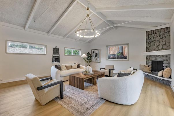 Fireplace, Interior, Living room, Pendant Lights, Stone Walls, Wood Texture Flooring