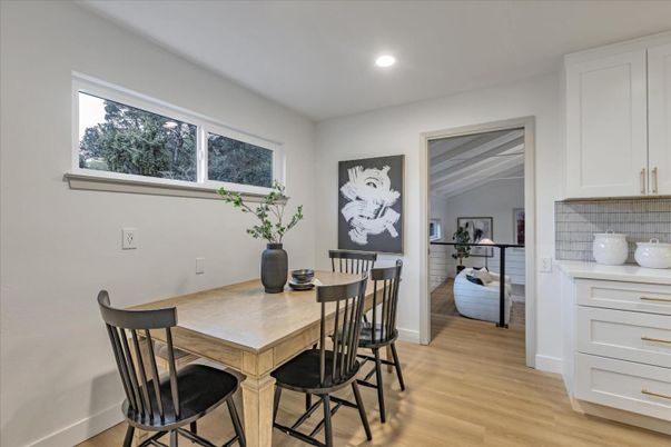 Dining room, Interior, Recessed Lighting, Wood Texture Flooring