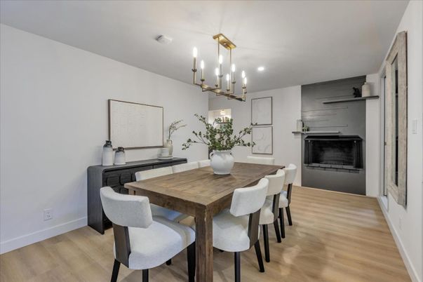 Dining room, Fireplace, Interior, Pendant Lights, Recessed Lighting, Wood Texture Flooring