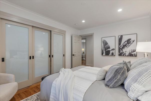 Bedroom, Interior, Recessed Lighting, Wood Texture Flooring