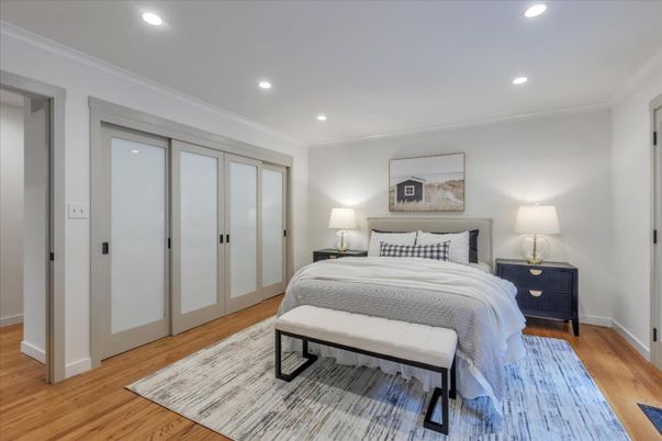 Bedroom, Interior, Recessed Lighting, Wood Texture Flooring