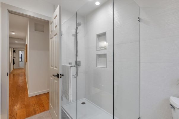 Bathroom, Glass Shower, Interior, Recessed Lighting, Wood Texture Flooring