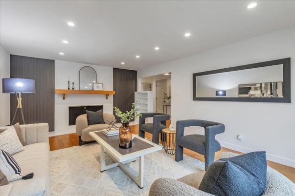Fireplace, Interior, Living room, Recessed Lighting, Wood Texture Flooring