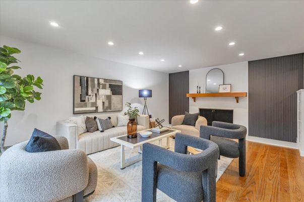 Fireplace, Interior, Living room, Recessed Lighting, Wood Texture Flooring