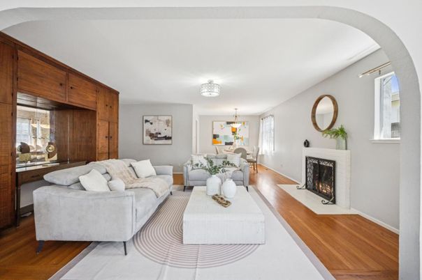 Dining room, Fireplace, Interior, Living room, Wood Texture Flooring
