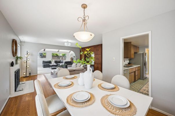 Dining room, Fireplace, Interior, Kitchen, Living room, Pendant Lights, Wood Texture Flooring