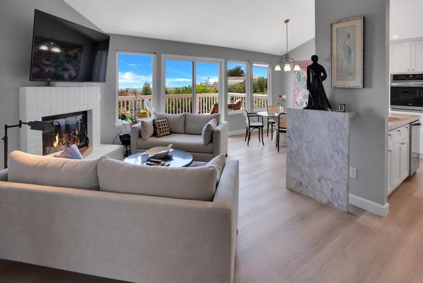 Dining room, Fireplace, Interior, Kitchen, Living room, Pendant Lights, Recessed Lighting, Wood Texture Flooring