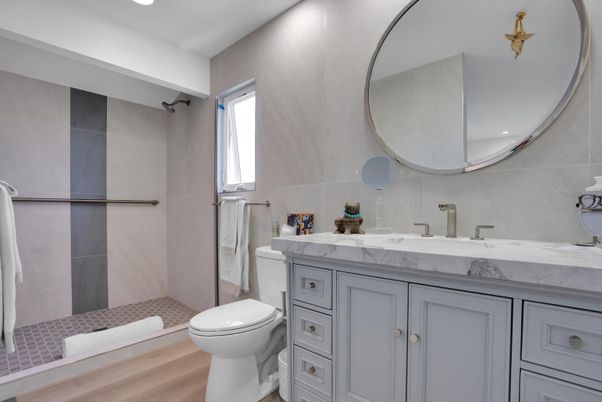 Bathroom, Interior, Recessed Lighting, Wood Texture Flooring