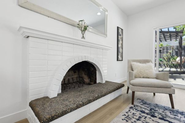 Fireplace, Interior, Recessed Lighting, Wood Texture Flooring