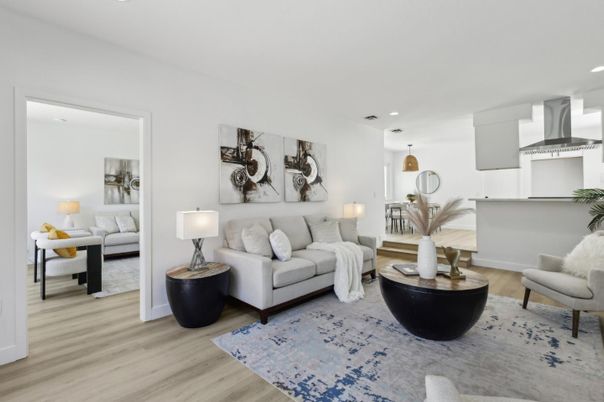 Interior, Living room, Pendant Lights, Recessed Lighting, Wood Texture Flooring