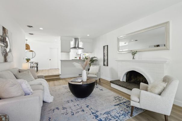 Fireplace, Interior, Kitchen, Living room, Recessed Lighting, Wood Texture Flooring