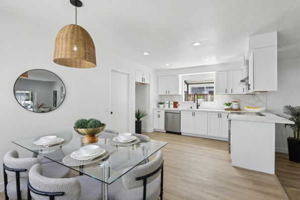 Dining room, Interior, Kitchen, Pendant Lights, Recessed Lighting, Stainless Steel Appliances, Wood Texture Flooring