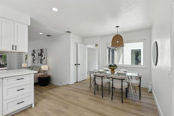 Dining room, Interior, Pendant Lights, Recessed Lighting, Wood Texture Flooring