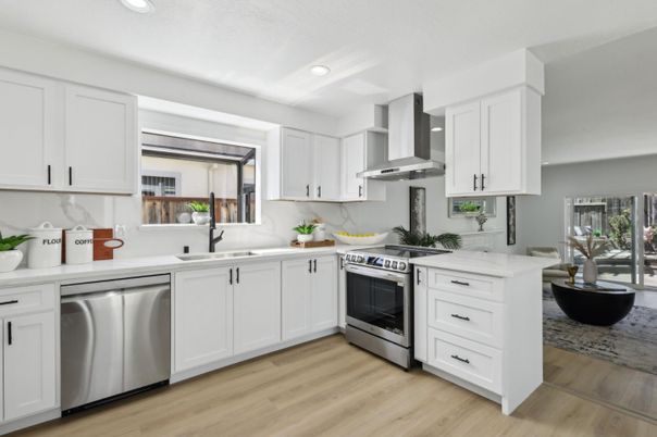 Interior, Kitchen, Recessed Lighting, Stainless Steel Appliances, Wood Texture Flooring