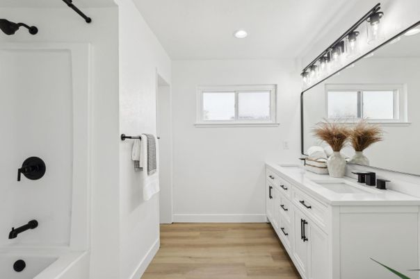 Bathroom, Dual Sink Vanities, Interior, Recessed Lighting, Wood Texture Flooring
