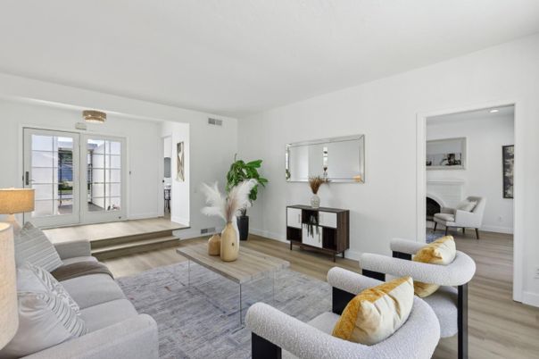 Fireplace, Interior, Living room, Recessed Lighting, Wood Texture Flooring