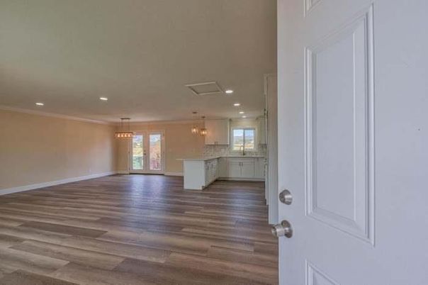 Empty room, Interior, Kitchen, Pendant Lights, Recessed Lighting, Wood Texture Flooring